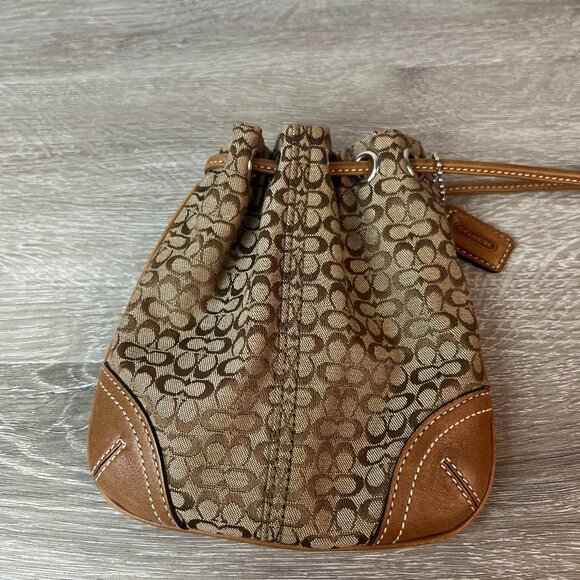 Coach Brown Monogram Leather Drawstring Mini Bucket Bag Wristlet Classic C - Picture 1 of 4
